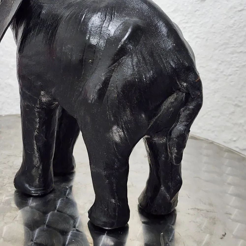 Vtg Black Leather Wrapped Elephant Statue Figurine Trunk Up MCM Safari Decor 11